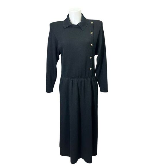 St. John VTG 1970s‎ Black Knit Collared Long Sleeve Maxi Dress Faux Wrap sz 10 - Picture 1 of 11